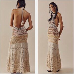 FREE PEOPLE Ikat Oasis Crochet Knit Maxi Halter Dress